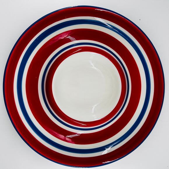 Patriotic Red White Blue Stripe Tag Round Chip n Dip plate server - Picture 2 of 5